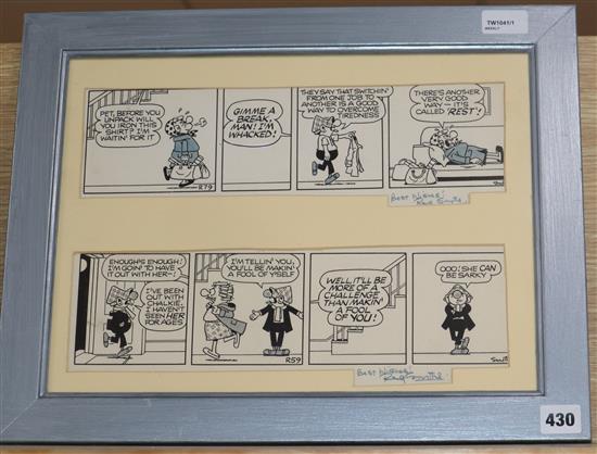 Reg Smythe (1917-1998), two pen and ink Andy Capp four-panel strips cartoons, framed together, inscribed by Reg Smythe